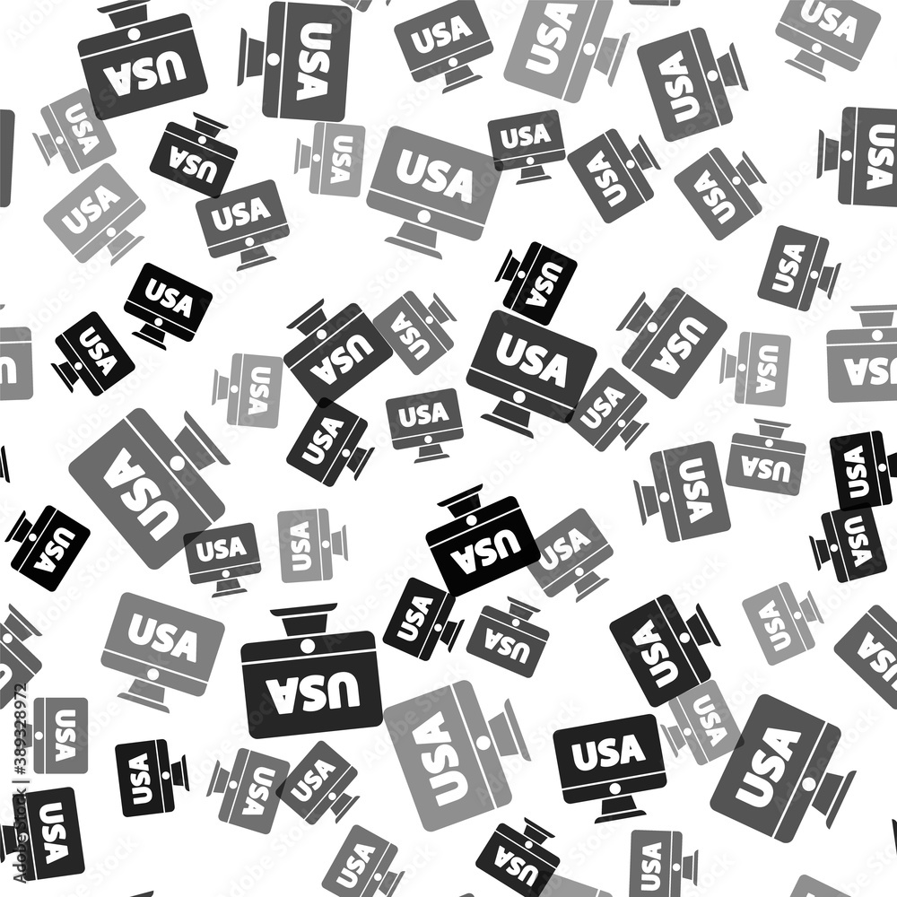 Black USA United states of america on monitor icon isolated seamless pattern on white background. Vector.