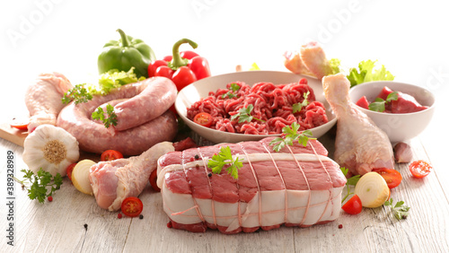 Photography assorted of meats- sausage, beef,chicken