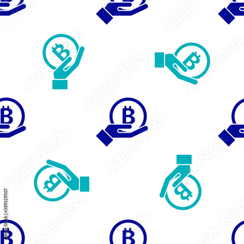 Blue Hand holding Bitcoin icon isolated seamless pattern on white background. Blockchain technology, digital money market, cryptocoin wallet. Vector.