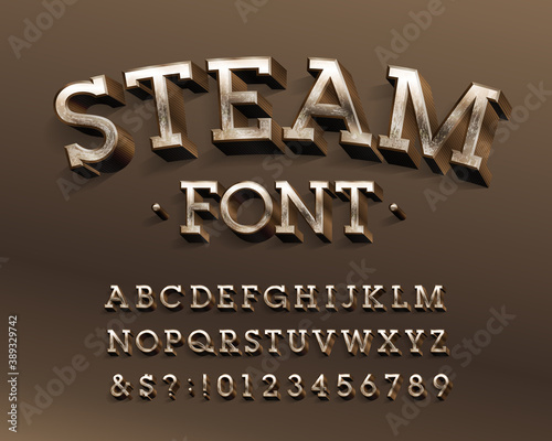 Steam alphabet font. 3d steampunk brass letters and numbers. Stock vector typescript for your design.