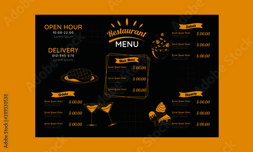 Vintage restaurant menu. Hand drawn food, cafe menus and kitchen poster. Chalk board menu, cafe flyer design or dessert, bar drinks and salads brochure hipster vector template illustration,menu