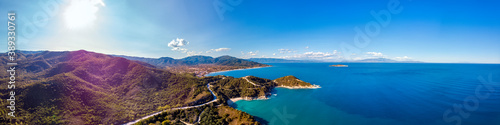 Drone aerial view of sea and rocks in Olympiada, Halkidiki, Greece