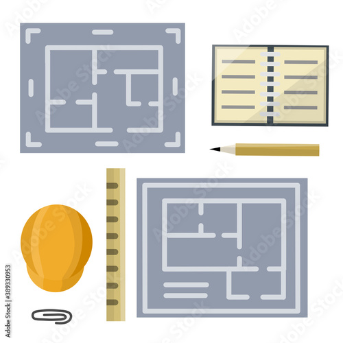 Construction drawing. Blue plan on paper. Blueprint of the house. Engineering work. Set of writing tools. Flat cartoon