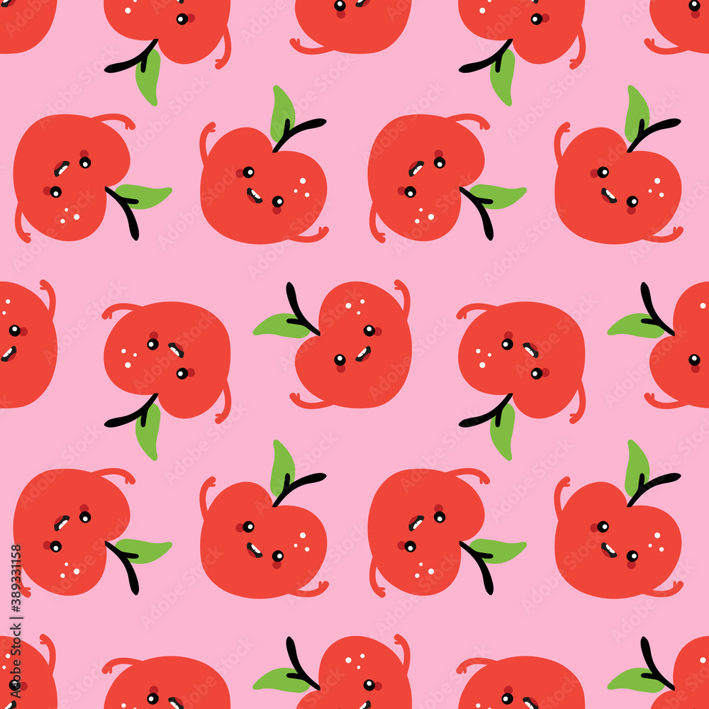 Cute red cartoon style apples characters, emoji vector seamless pattern background. Cute red cartoon style apples characters, emoji vector seamless pattern background.