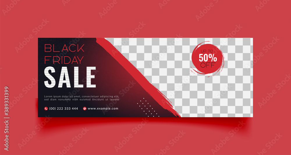 Black friday sale facebook cover page timeline web ad banner template with photo place modern layout black background and red shape design - obrazy, fototapety, plakaty 