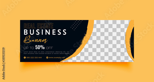 Business facebook cover page timeline web ad banner template with photo place modern layout black background and yellow shape design