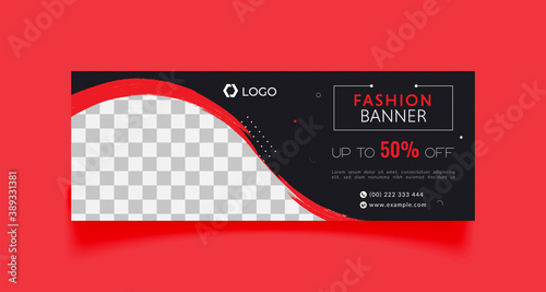 Fashion sale facebook cover page timeline web ad banner template with photo place modern layout black background and red shape design