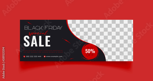Black friday sale facebook cover page timeline web ad banner template with photo place modern layout black background and red shape design