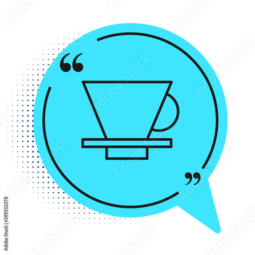 Black line V60 coffee maker icon isolated on white background. Blue speech bubble symbol. Vector Illustration.