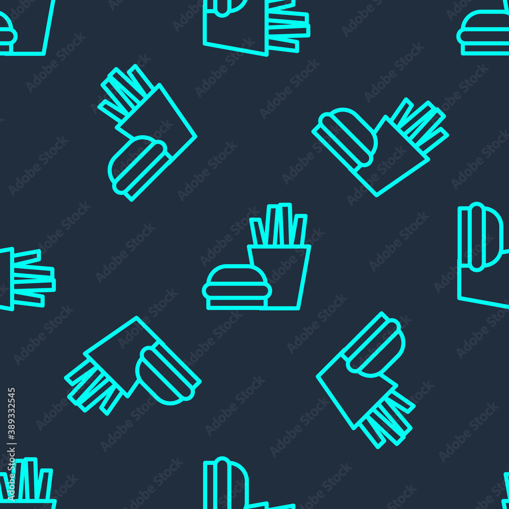 Green line Burger and french fries in carton package box icon isolated seamless pattern on blue background. Hamburger, cheeseburger sandwich. Fast food. Vector Illustration. Green line Burger and french fries in carton package box icon isolated seamless pattern on blue background. Hamburger, cheeseburger sandwich. Fast food. Vector Illustration.