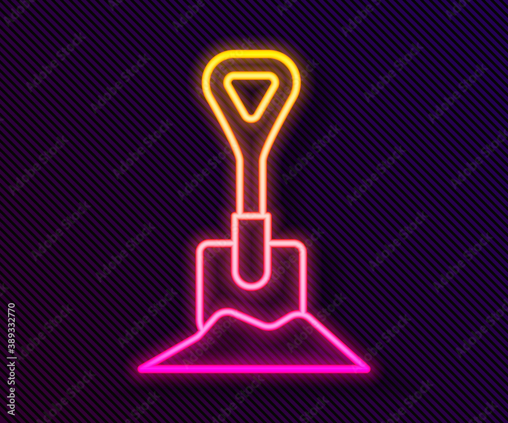 Glowing neon line Shovel in the ground icon isolated on black background. Gardening tool. Tool for horticulture, agriculture, farming. Vector Illustration. Glowing neon line Shovel in the ground icon isolated on black background. Gardening tool. Tool for horticulture, agriculture, farming. Vector Illustration.