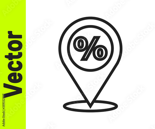 Black line Location with percent discount icon isolated on white background. Money location icon. Business and investment concept. Vector Illustration.