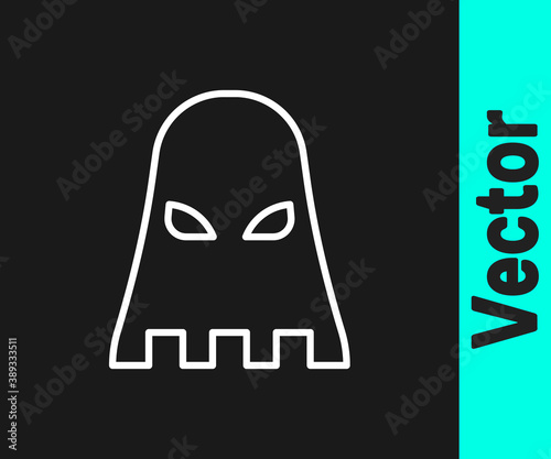 White line Executioner mask icon isolated on black background. Hangman, torturer, executor, tormentor, butcher, headsman icon. Vector.