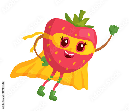 Flying up strawberry superhero mascot on white background