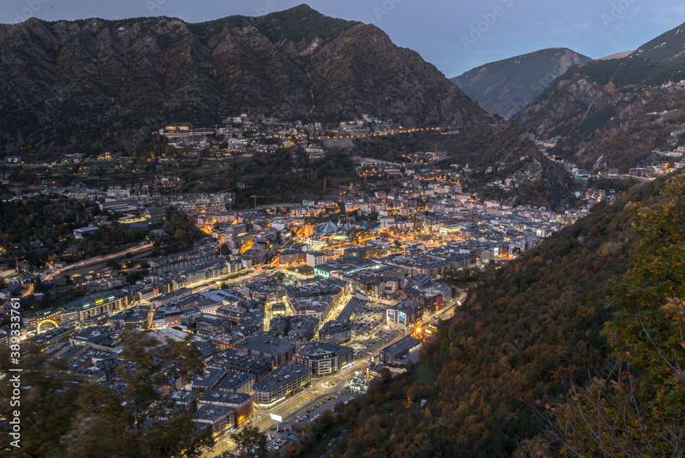 Cityscape on the Sunset in Andorra La Vella,  capital of Andorra in Autumn