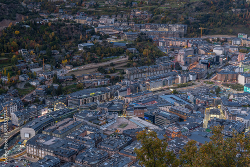 Cityscape on the Sunset in Andorra La Vella, capital of Andorra in Autumn