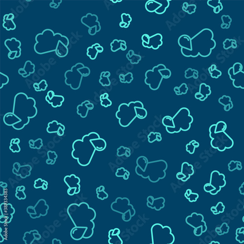 Green line Cloud with rain icon isolated seamless pattern on blue background. Rain cloud precipitation with rain drops. Vector.