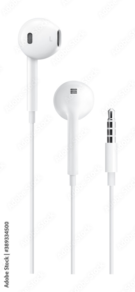 Isolated realistic white earphone earbud with wire connector Isolated realistic white earphone earbud with wire connector