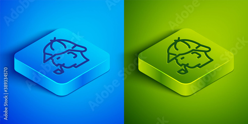 Isometric line Sherlock Holmes with smoking pipe icon isolated on blue and green background. Detective. Square button. Vector.