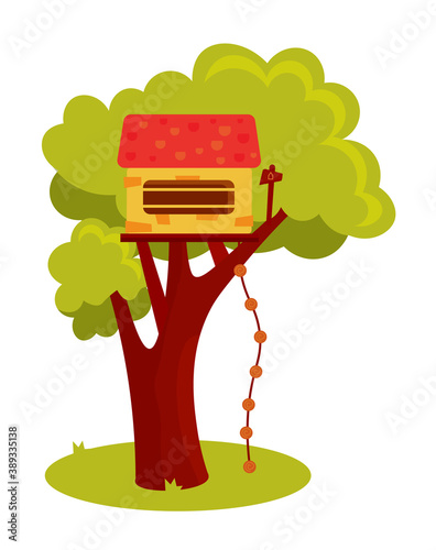 Tree house between green foliage for backyard or rope park