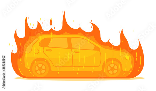 Car on fire. Isolated vector car on fire traffic accident or vandalism problem. Broken burning auto covered with fire and smoke road trouble illustration on white background