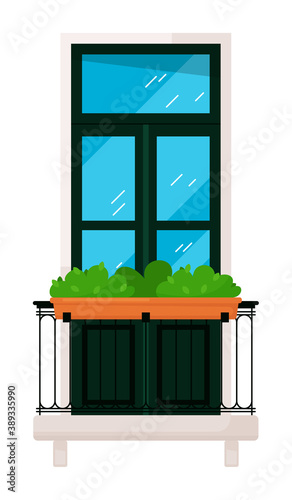 Isolated home facade balcony with flower cachepot on white