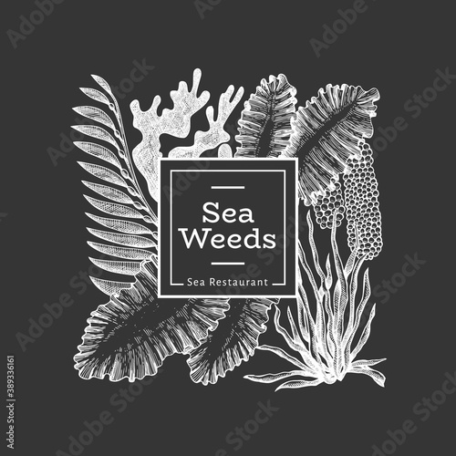 Seaweed design template. Hand drawn vector seaweeds illustration on chalk board. Engraved style sea food banner. Vintage sea plants background