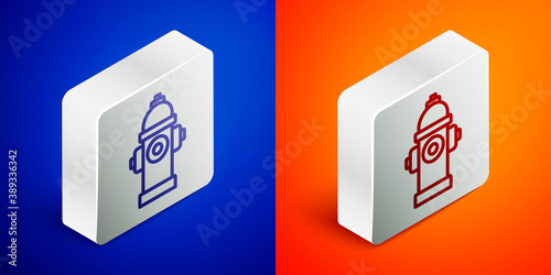 Isometric line Fire hydrant icon isolated on blue and orange background. Silver square button. Vector.