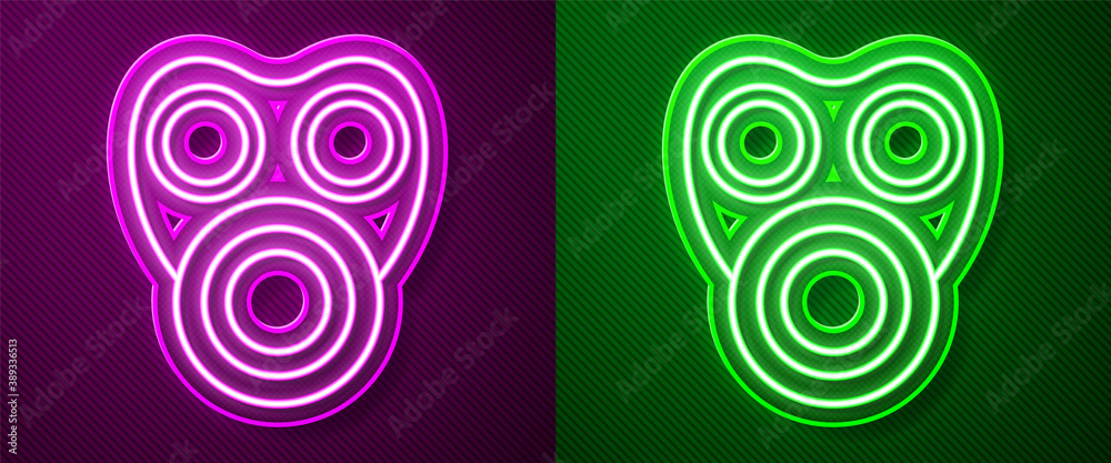 Glowing neon line Gas mask icon isolated on purple and green background. Respirator sign. Vector.