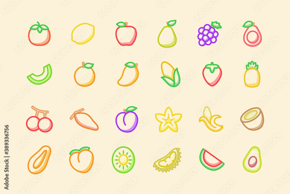 Fruit icon set collection package tropical organic fresh juicy healthy white