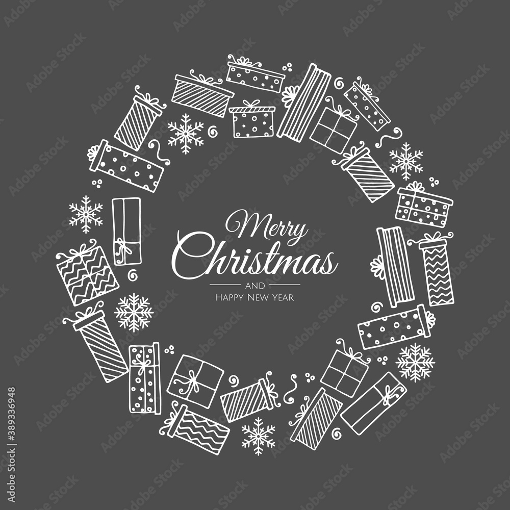 Merry Christmas Abstract Card with presents and snowflake. Xmas sale, holiday web banner.