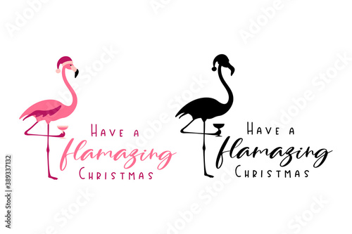Have a flamazing Christmas - hand written Christmas quote with a cute flamingo holding a glass of champagne or margarita. Hand drawn lettering for Christmas greetings cards and tshirt prints. photo
