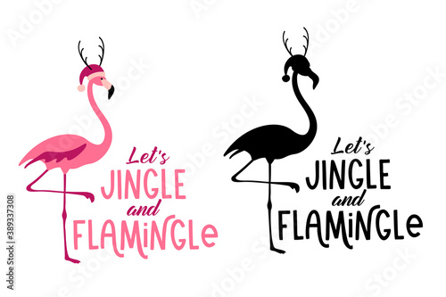 Lets Jingle and Flamingle- hand written Christmas quote with a cute flamingo in a hat with antlers. Hand drawn lettering for Christmas greetings cards and invitations. Good for t-shirt prints. photo