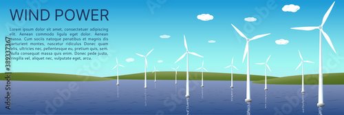 Banner of wind power on the water. The concept of renewable, alternative wind power. Space for text. Vector illustration, flat style