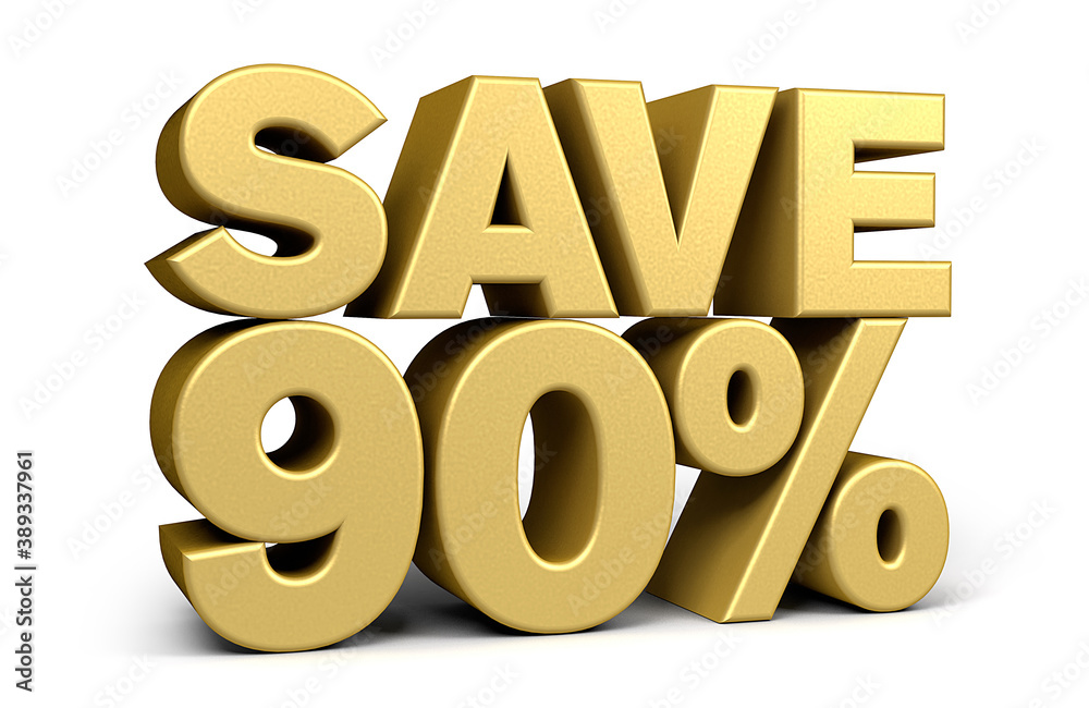 Golden text, save 90% isolated on white background discount. 90 percent. Sales concept. 3d illustration.