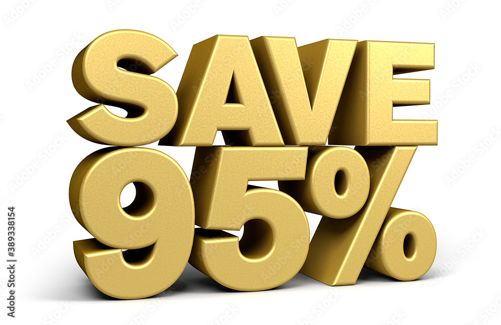 Golden text, save 95% isolated on white background discount. 95 percent. Sales concept. 3d illustration. Golden text, save 95% isolated on white background discount. 95 percent. Sales concept. 3d illustration.