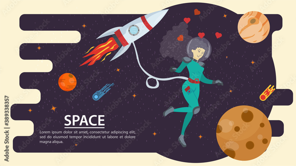 Girl in a space suit in outer space next to a rocket and planets flat ...