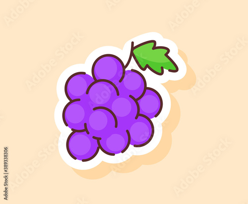 Grape sticker fruity healthy fresh food with color flat cartoon outline style