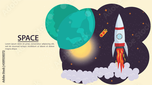 Space Shuttle rocket flying in outer space on the background of stars and planets flat vector drawing for design