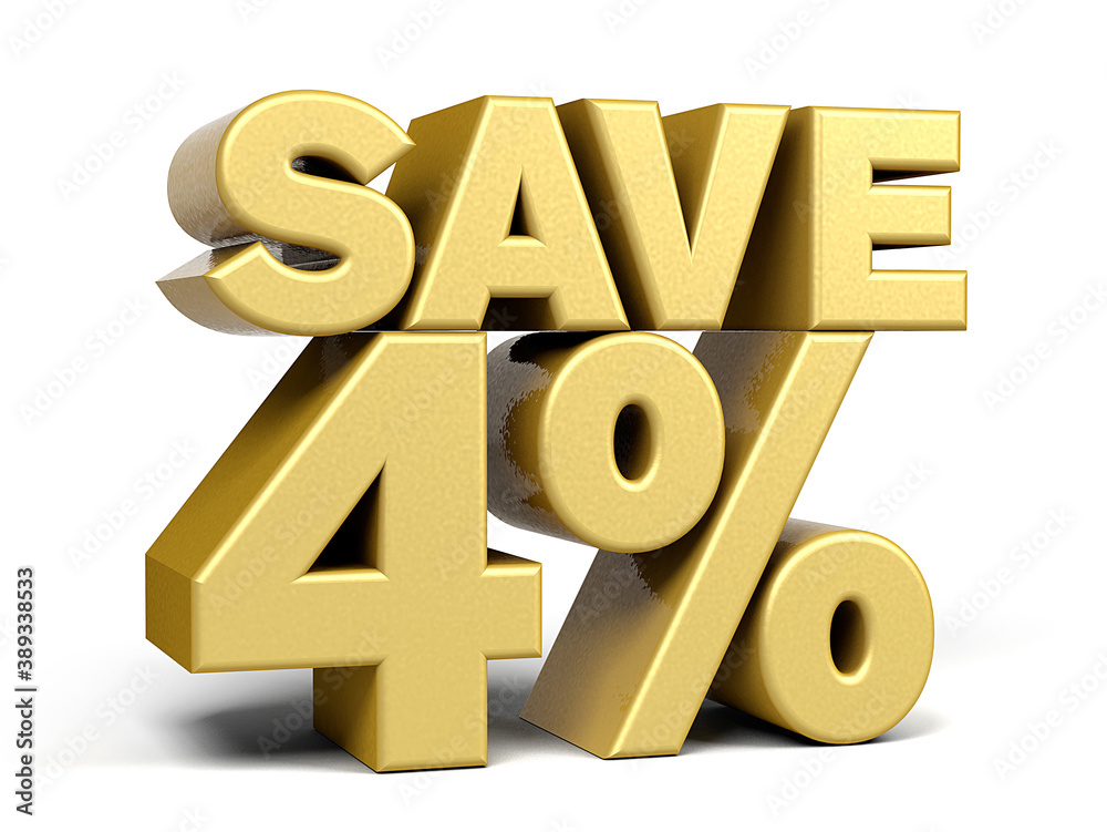 Golden text, save 4% isolated on white background discount. 4 percent. Sales concept. 3d illustration. Golden text, save 4% isolated on white background discount. 4 percent. Sales concept. 3d illustration.