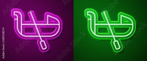 Glowing neon line Gondola boat italy venice icon isolated on purple and green background. Tourism rowing transport romantic. Vector.