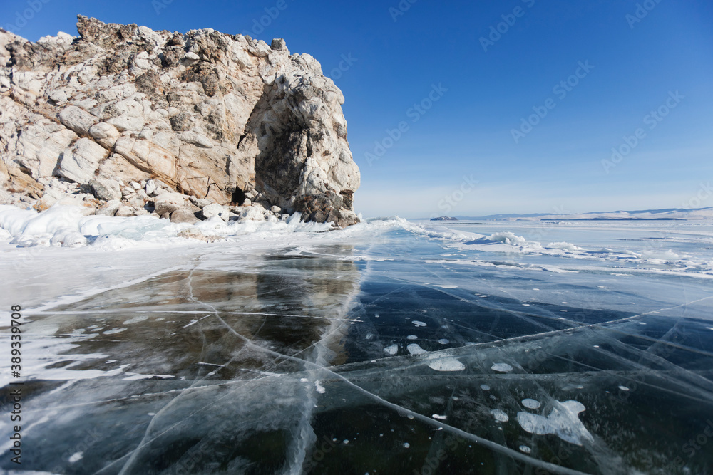 Lake Baikal winter landscape. Borga-Dagan island