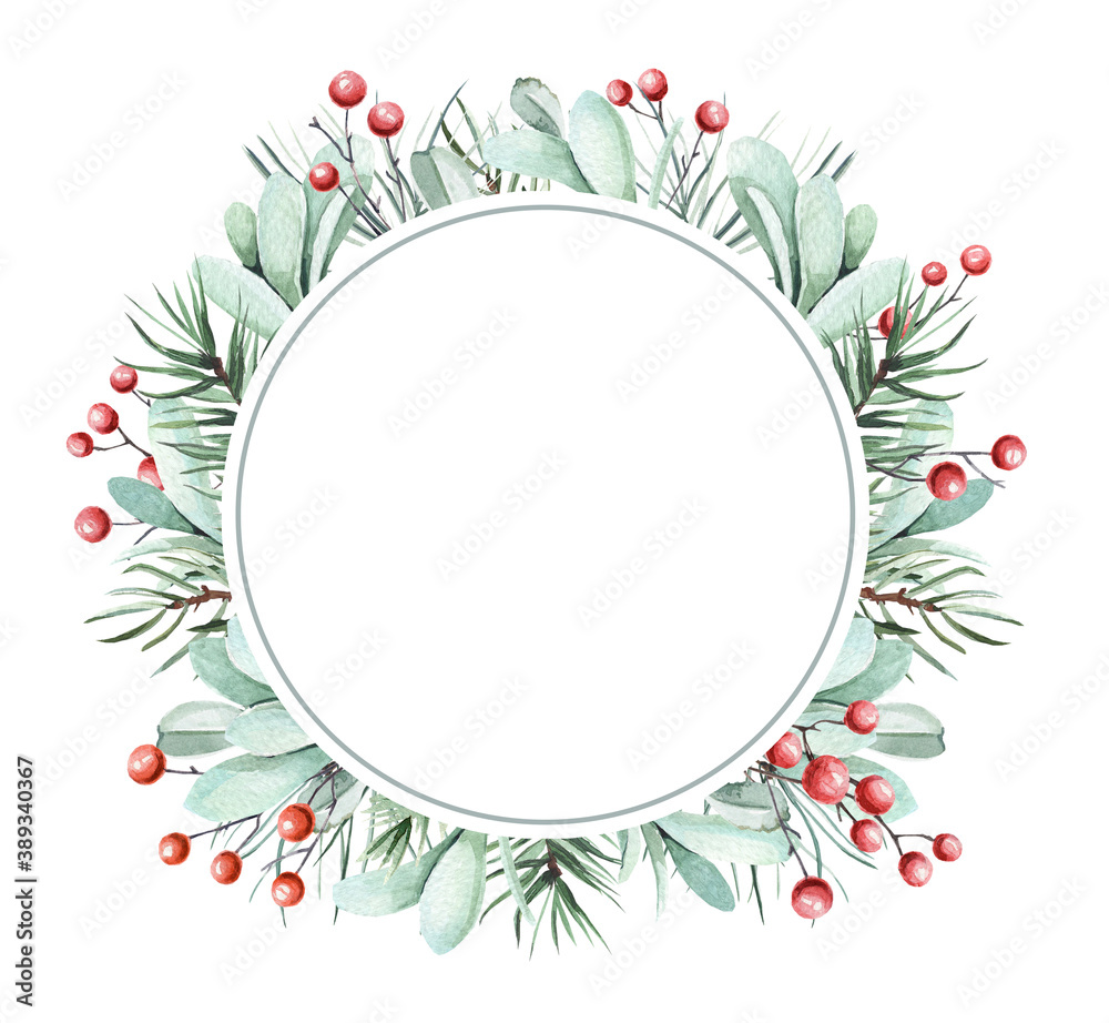Watercolor Christmas wreath and frame of pine branches, winter berries and leaves. hand drawn composition. For a festive mood. For the design of postcards, invitations, posters
Watercolor Christmas wreath and frame of pine branches, winter berries and leaves. hand drawn composition. For a festive mood. For the design of postcards, invitations, posters