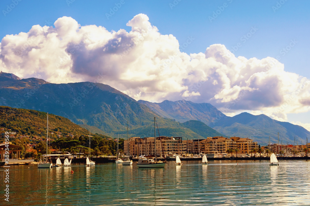Autumn Mediterranean landscape. View of Bay of Kotor and Tivat  city.  Montenegro