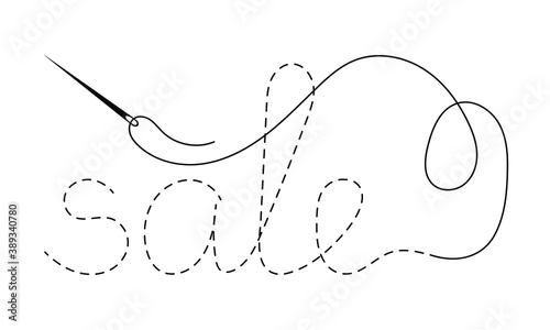 Silhouette of hand written word "sale" with interrupted contour. Vector illustration of handmade work with embroidery thread and needle on white background for sales and discounts.