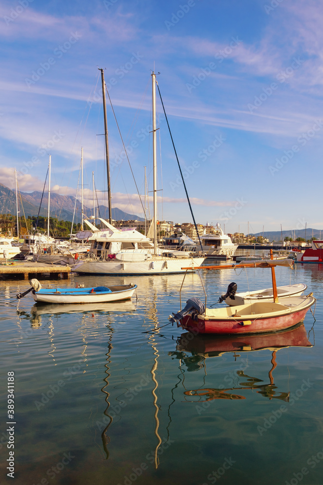 Fototapeta premium Beautiful Mediterranean landscape on sunny autumn day. Montenegro, Adriatic Sea. View of Bay of Kotor near Tivat city