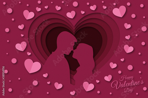 Valentine Papercut vector illustration ,Happy Valentine's Day banner. Holiday background design with big heart made of pink, red and pink Origami Hearts on black fabric background. Horizontal poster, 