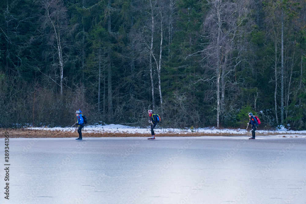 People skating on a lake ice in a woodland