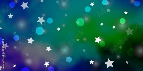 Light Blue, Green vector pattern with circles, stars.
