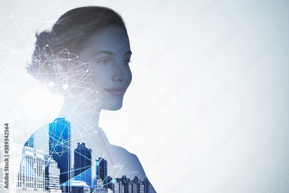 Businesswoman in city, network interface